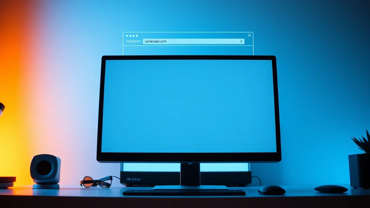 Illustration: A sleek desktop monitor sits on a clean desk, displaying a single blank browser window with a generic address bar.