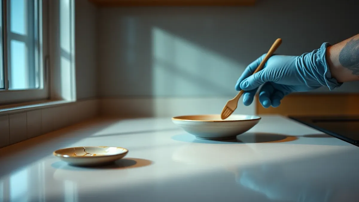 Illustration: A small, cracked ceramic plate sits on a pristine kitchen counter while a gloved hand carefully applies fresh glaze to a separate, identical dish in a shadowed corner