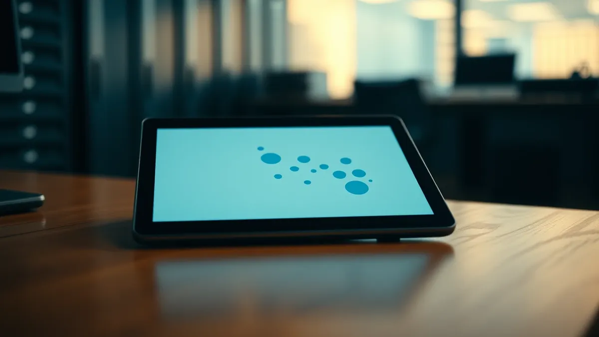 Illustration: A single tablet rests on a wooden desk, its screen displaying a clean grid of abstract blue shapes representing unified device policies.