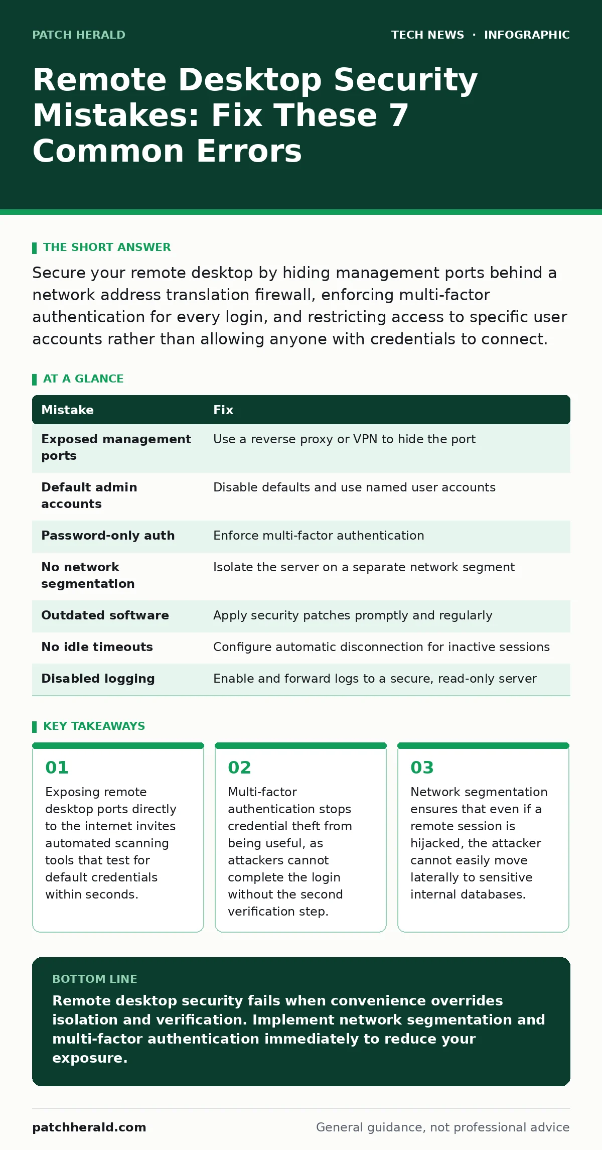 Infographic: Remote Desktop Security Mistakes: Fix These 7 Common Errors. Exposing remote desktop ports directly to the internet invites automated scanning tools that test for default credentials within seconds. Multi-factor authentication stops credential theft from being useful, as attackers canno