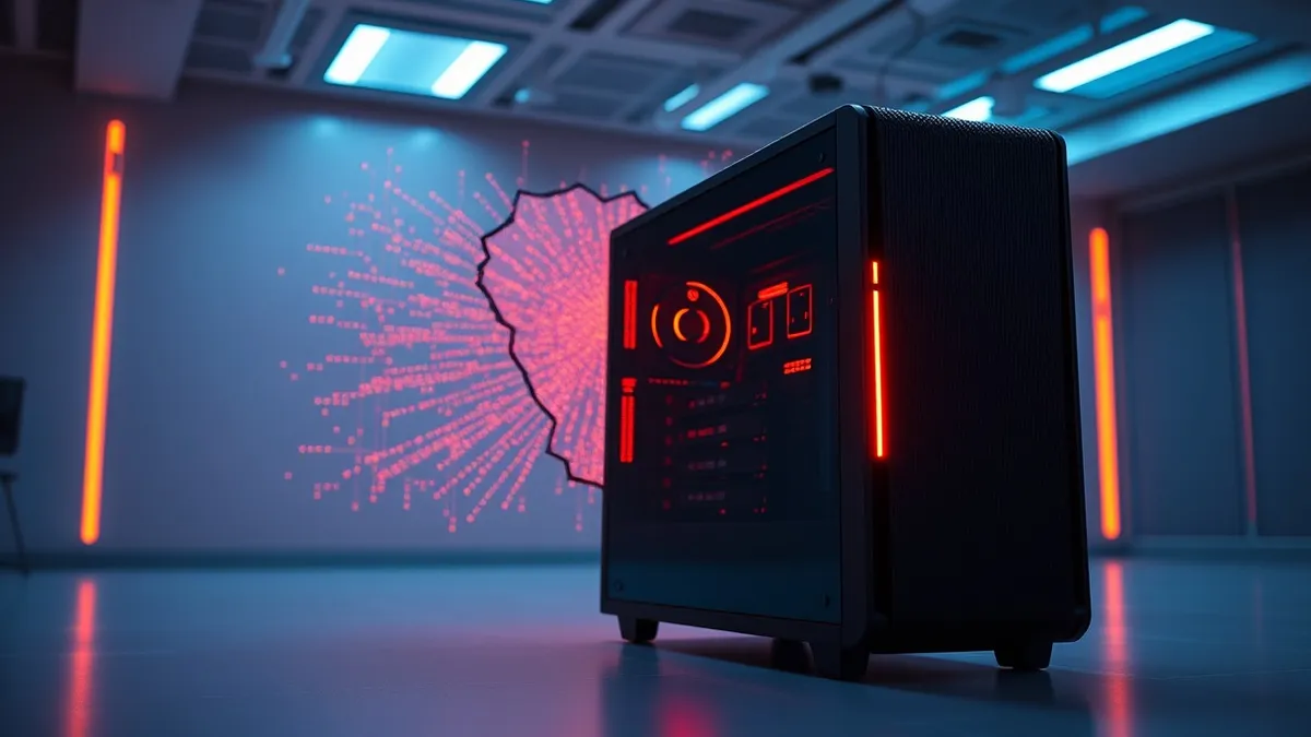 Illustration: A sleek computer tower sits in an empty office, its rear network port glowing with an aggressive red light.