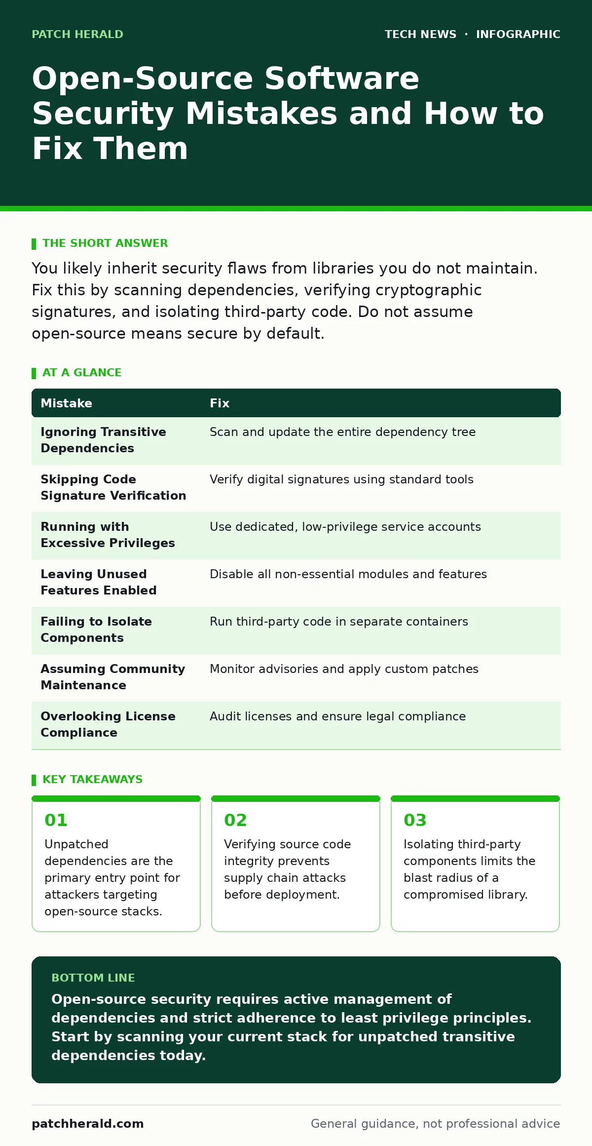 Infographic: Open-Source Software Security Mistakes and How to Fix Them. Unpatched dependencies are the primary entry point for attackers targeting open-source stacks. Verifying source code integrity prevents supply chain attacks before deployment. Isolating third-party components limits the blast r