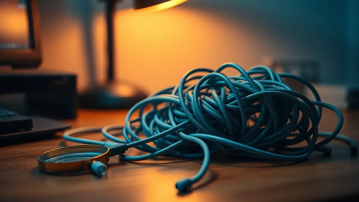 Illustration: A tangled knot of grey cables sits on a wooden desk, with one loose end dangling off the edge.