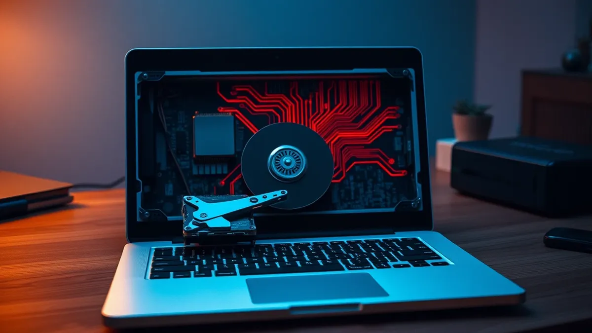 Illustration: A silver laptop sits open on a wooden desk with its metal casing pried loose to reveal the internal hard drive.