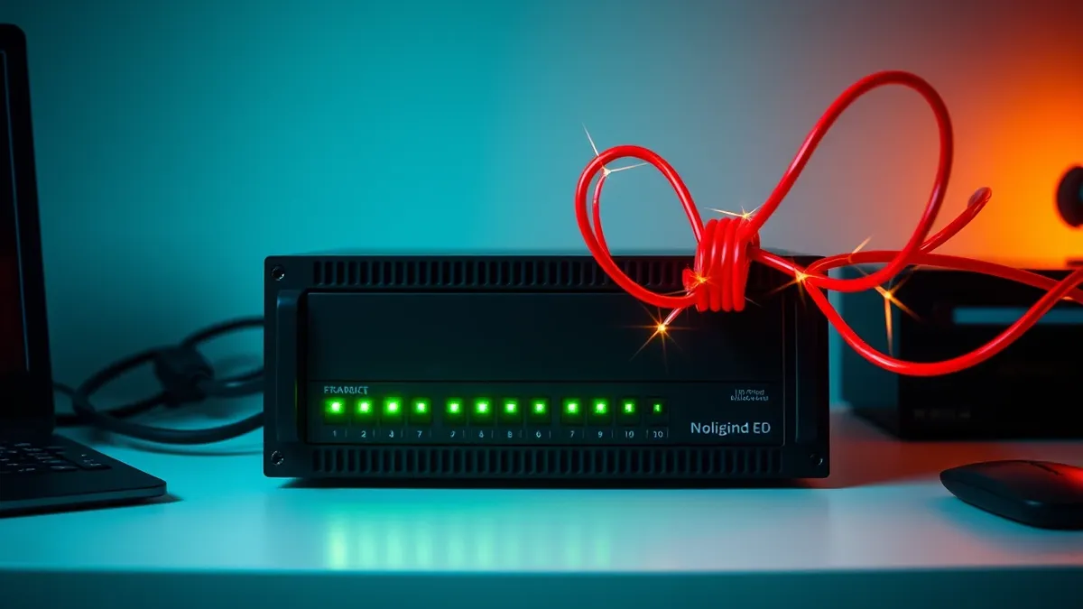 Illustration: A black network firewall sits on a white desk, its front panel displaying only blank green indicator lights.