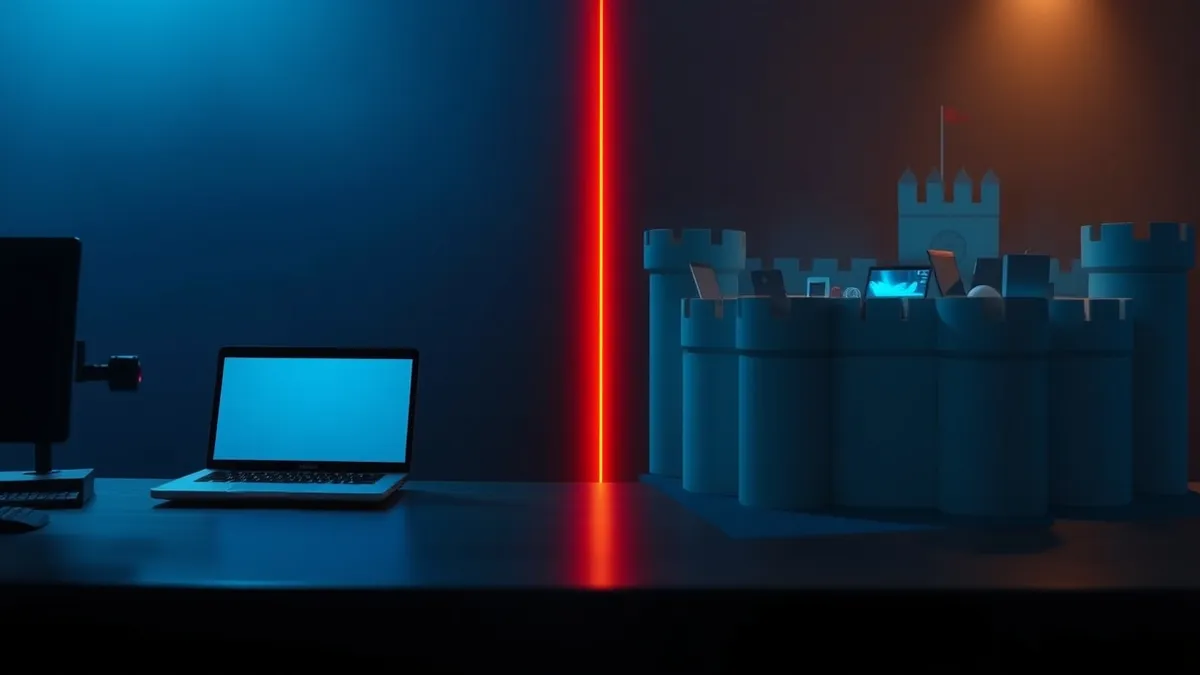 Illustration: A split digital landscape separates two distinct security barriers.
