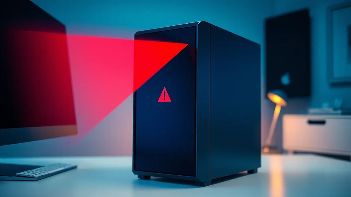Illustration: A sleek black server tower sits on a clean white desk.