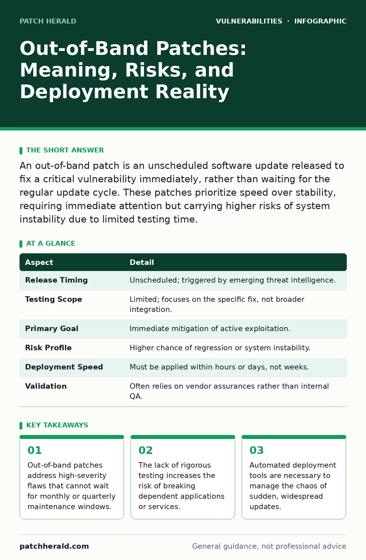 Infographic: Out-of-Band Patches: Meaning, Risks, and Deployment Reality. Out-of-band patches address high-severity flaws that cannot wait for monthly or quarterly maintenance windows. The lack of rigorous testing increases the risk of breaking dependent applications or services. Automated deploymen