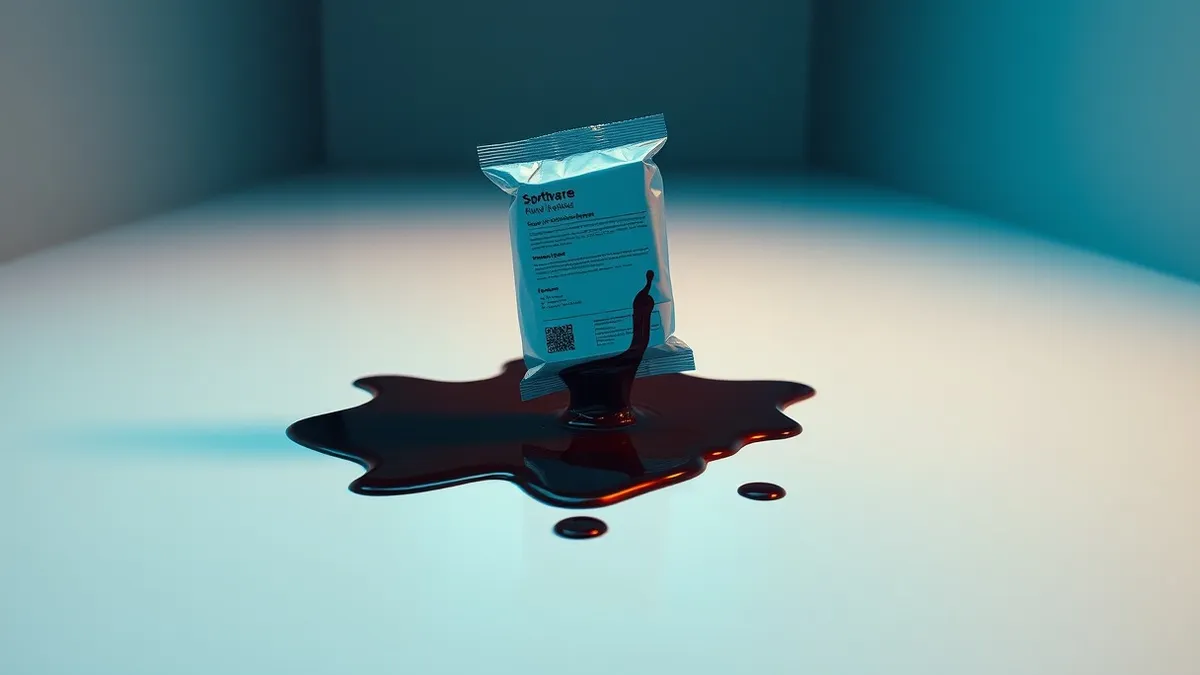 Illustration: A solitary software update package floats in mid-air, its surface cracked and leaking dark viscous fluid.