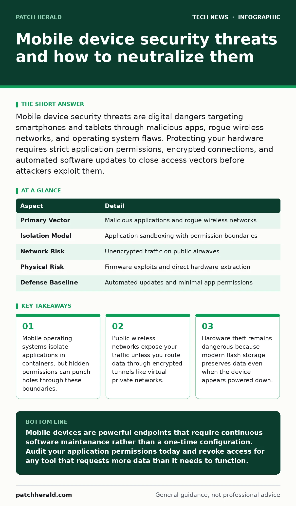 Infographic: Mobile device security threats and how to neutralize them. Mobile operating systems isolate applications in containers, but hidden permissions can punch holes through these boundaries. Public wireless networks expose your traffic unless you route data through encrypted tunnels like virt