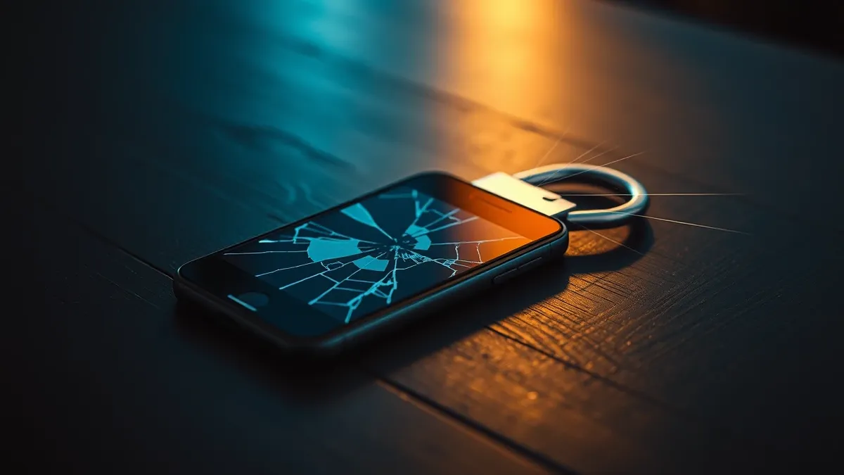 Illustration: A cracked smartphone rests on a dark wooden table, its screen displaying only abstract geometric shapes.