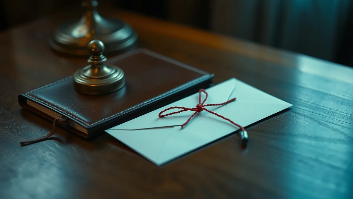 Illustration: A single white envelope rests on a polished wooden desk, its seal broken by a thin, jagged red string that snags on a brass paperweight.