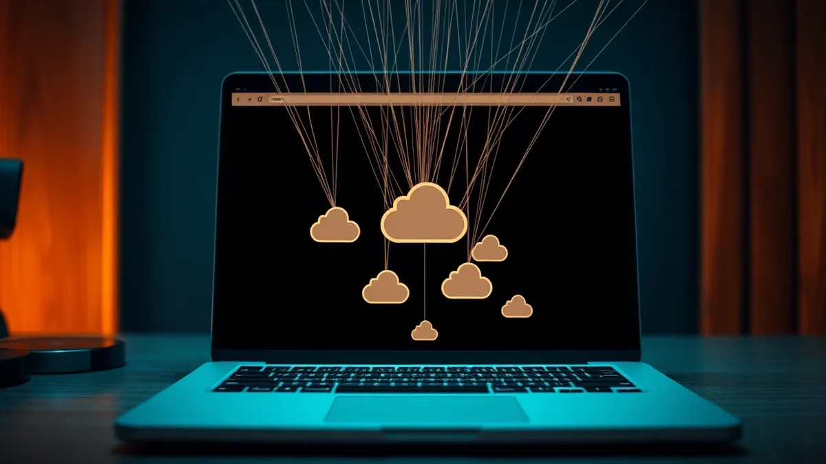 Illustration: A tangled web of invisible strings pulls at a laptop screen, dragging internal cloud storage icons outward through the browser window toward a dark, shadowy void outs