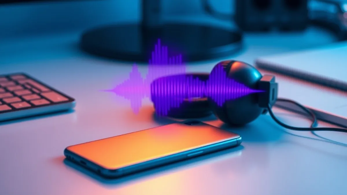 Illustration: A sleek silver smartphone rests on a white desk beside a pair of over-ear headphones.
