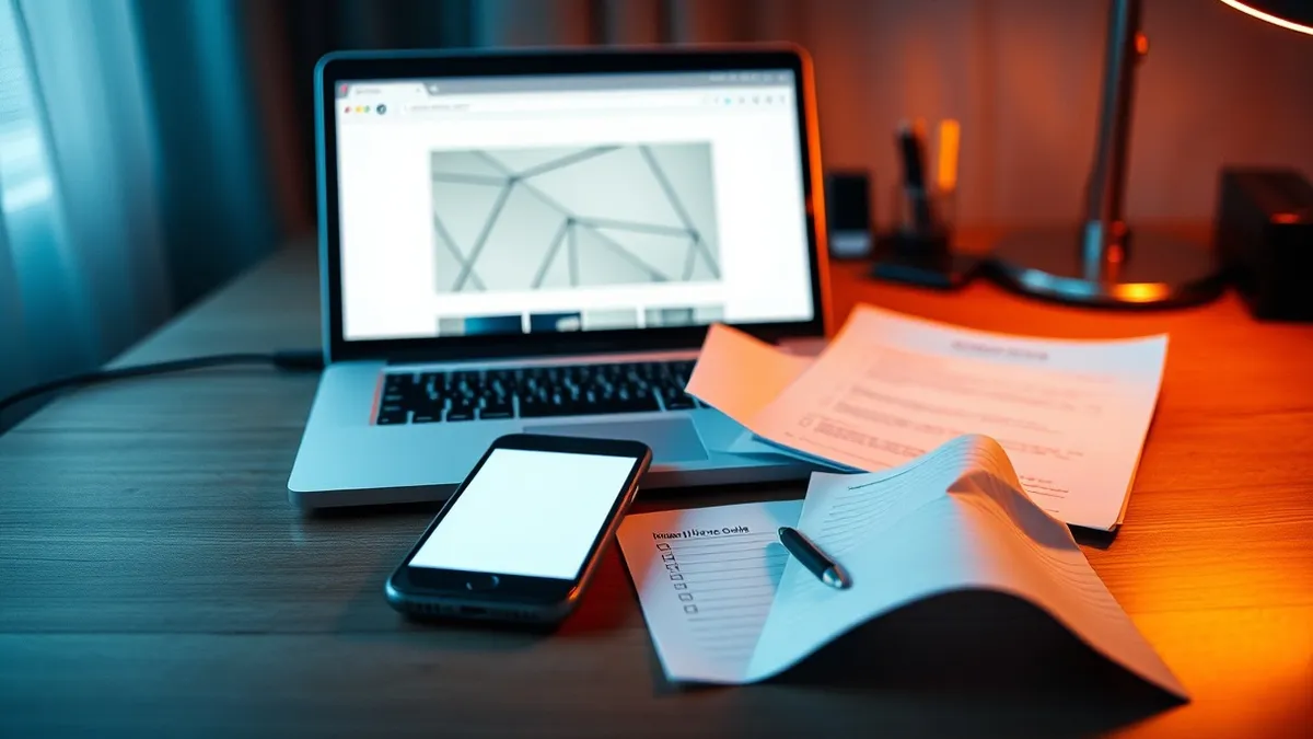 Illustration: A small office desk holds a single smartphone displaying a blank notification screen.