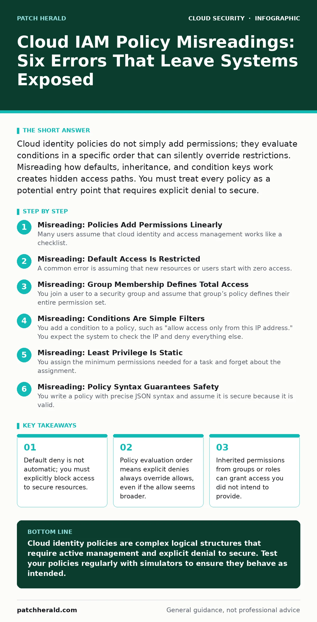 Infographic: Cloud IAM Policy Misreadings: Six Errors That Leave Systems Exposed. Default deny is not automatic; you must explicitly block access to secure resources. Policy evaluation order means explicit denies always override allows, even if the allow seems broader. Inherited permissions from gro