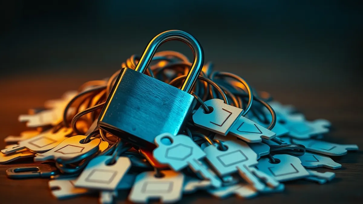 Illustration: A sleek silver padlock sits loosely atop a pile of tangled, oversized paper keys.