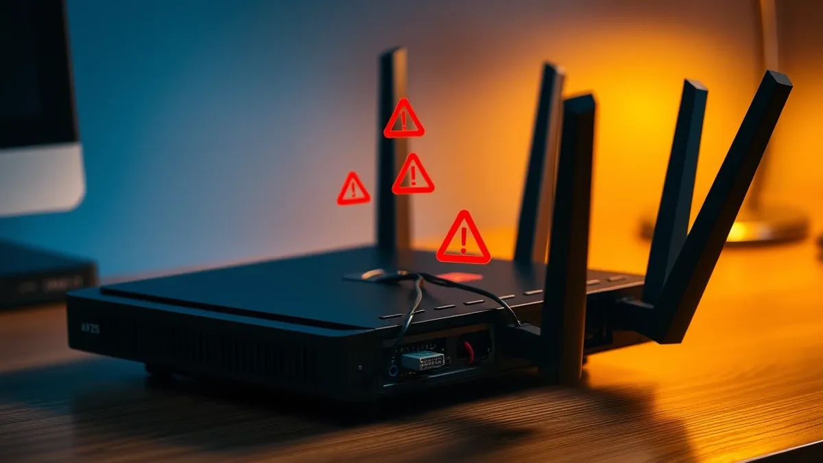 Illustration: A sleek black router sits on a wooden desk, its side panel slightly ajar to reveal intricate circuit boards and tangled wires.