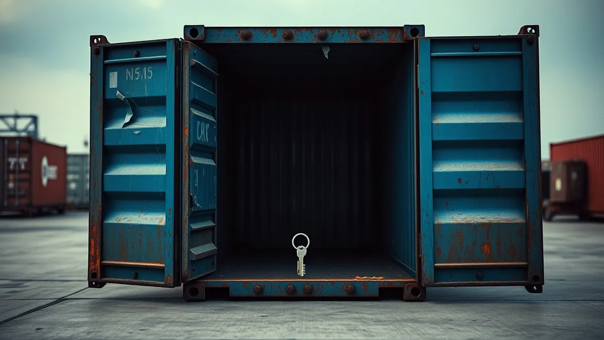 Illustration: A cracked blue shipping container sits tilted on a concrete dock, its heavy metal door hanging open to reveal a dark interior.