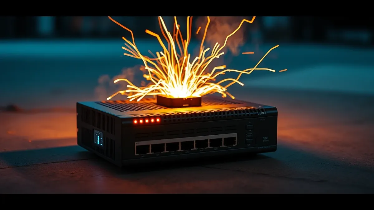 Illustration: A rugged network router sits on a concrete floor, its front panel glowing with steady status lights.