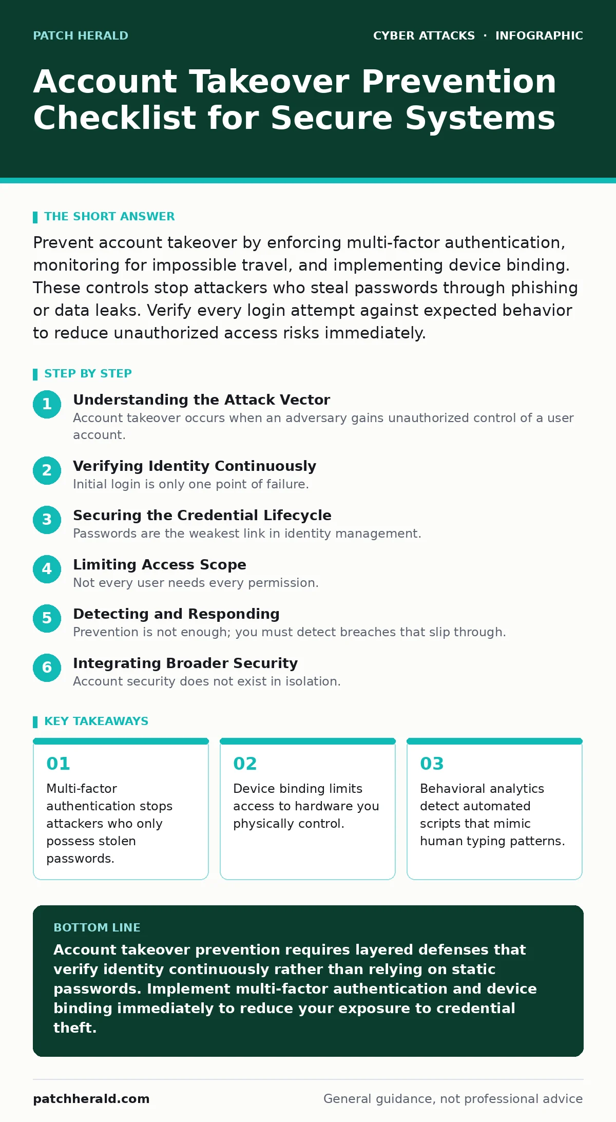 Infographic: Account Takeover Prevention Checklist for Secure Systems. Multi-factor authentication stops attackers who only possess stolen passwords. Device binding limits access to hardware you physically control. Behavioral analytics detect automated scripts that mimic human typing patterns.