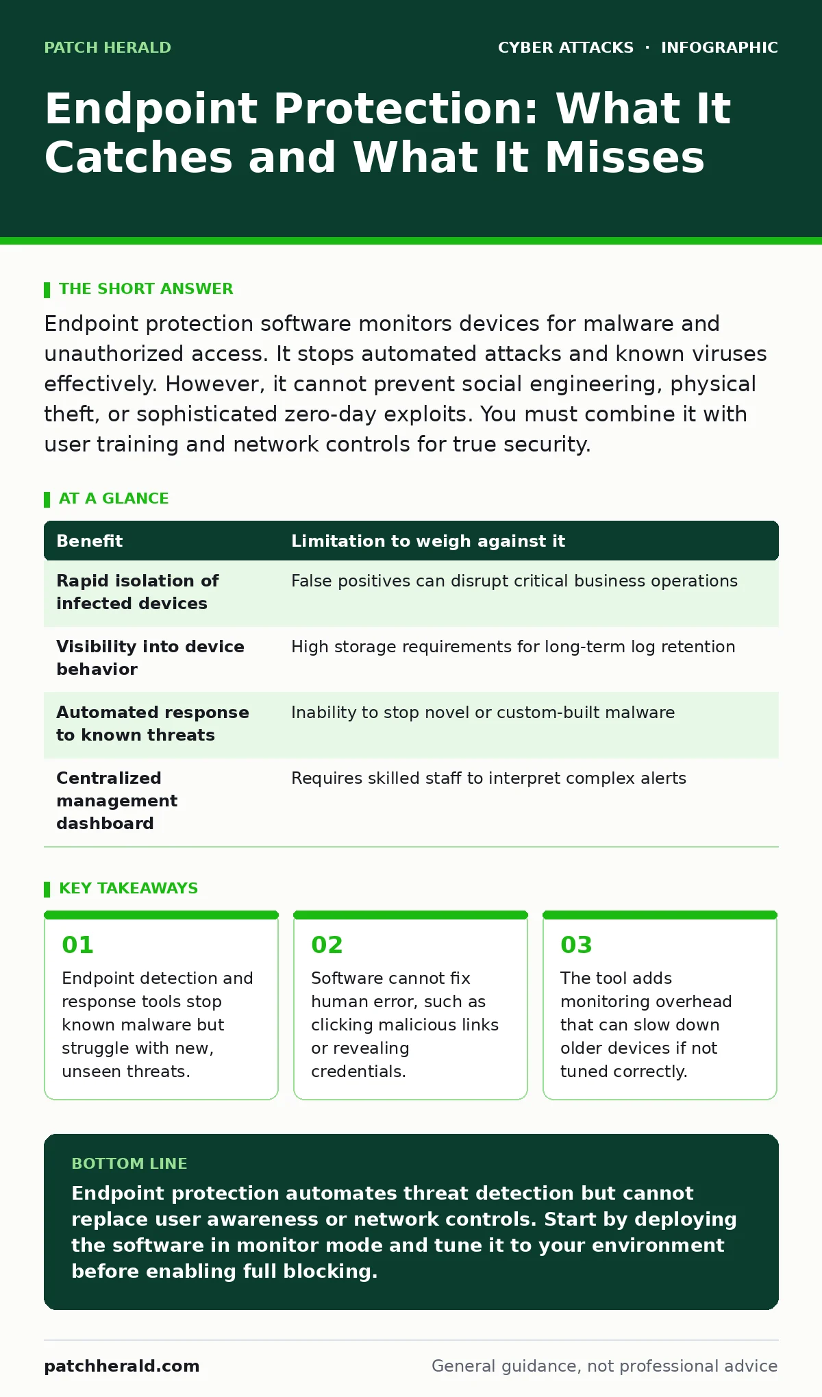 Infographic: Endpoint Protection: What It Catches and What It Misses. Endpoint detection and response tools stop known malware but struggle with new, unseen threats. Software cannot fix human error, such as clicking malicious links or revealing credentials. The tool adds monitoring overhead that can