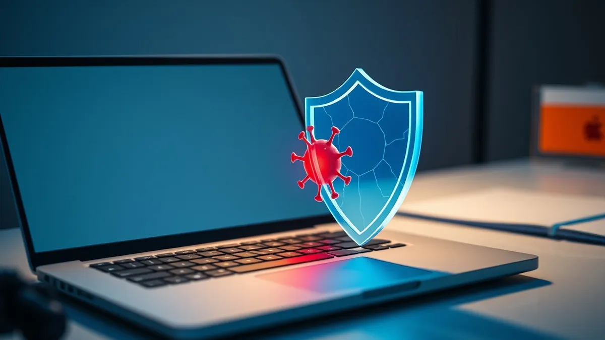 Illustration: A sleek laptop sits on a clean desk while a jagged red virus icon slips past a transparent blue shield hovering above the keyboard.