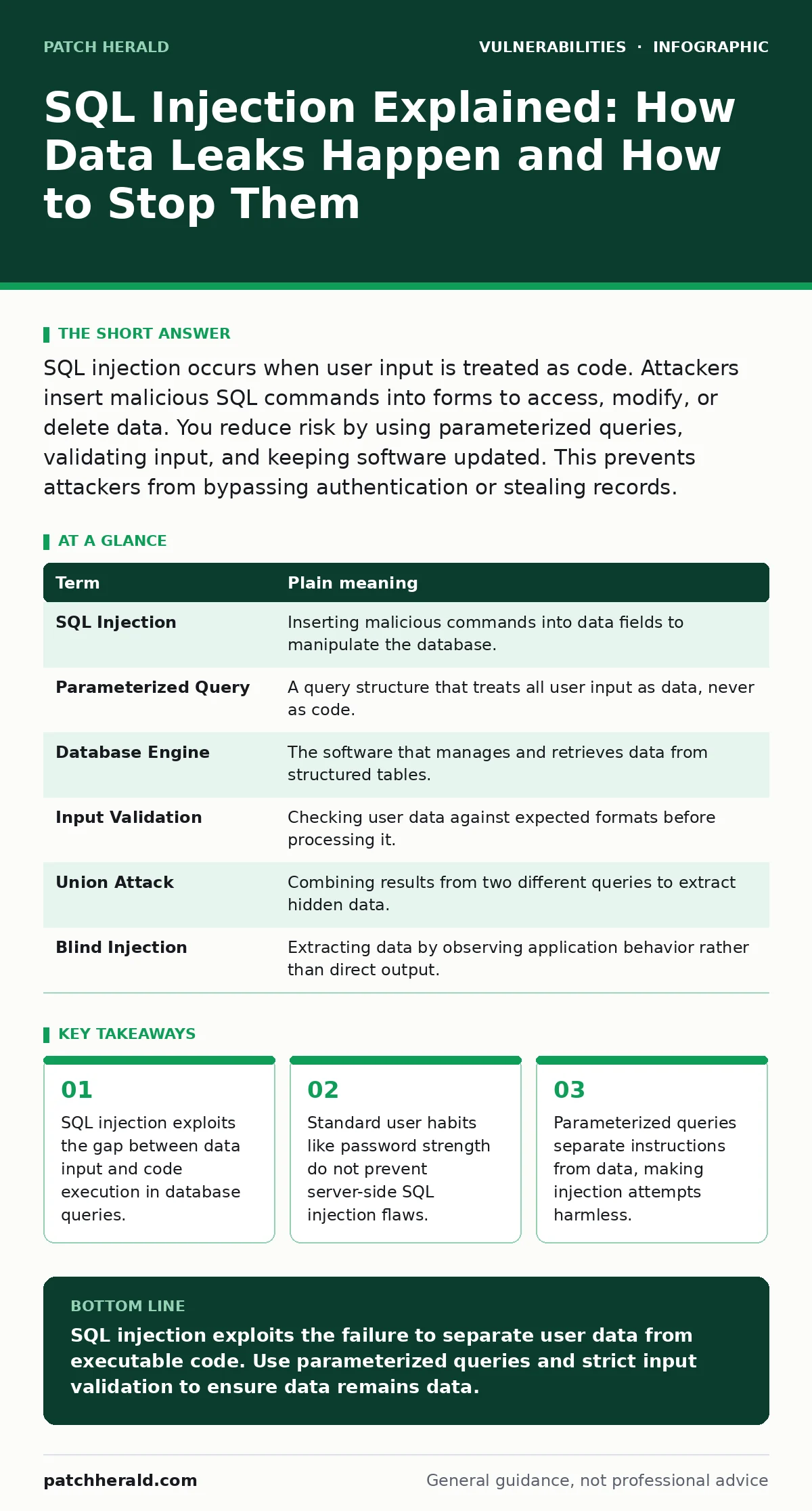 Infographic: SQL Injection Explained: How Data Leaks Happen and How to Stop Them. SQL injection exploits the gap between data input and code execution in database queries. Standard user habits like password strength do not prevent server-side SQL injection flaws. Parameterized queries separate instr