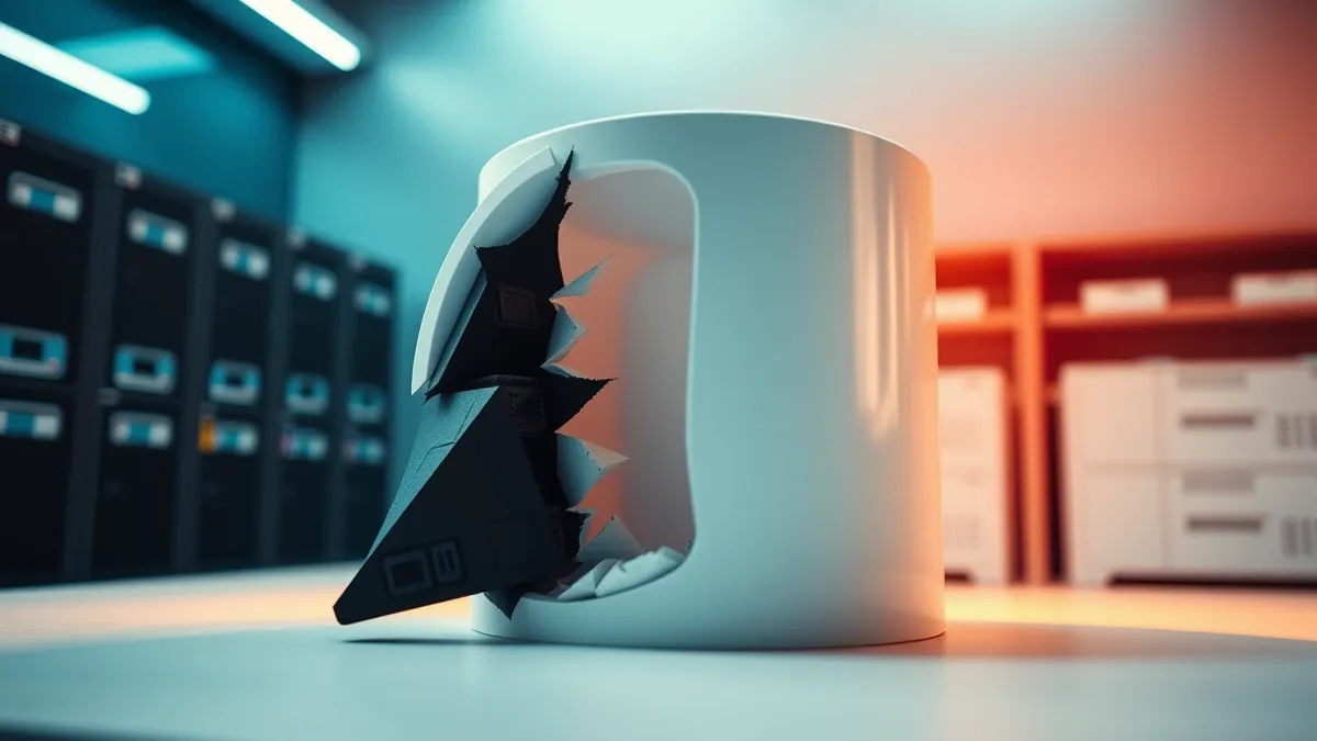 Illustration: A jagged, dark wedge forces its way into a clean, white database cylinder.