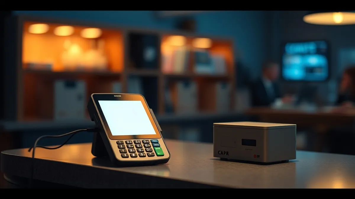 Illustration: A payment terminal sits on a countertop with a blank screen, connected by a thin cable to a small, unmarked box that intercepts the data stream before it reaches the 
