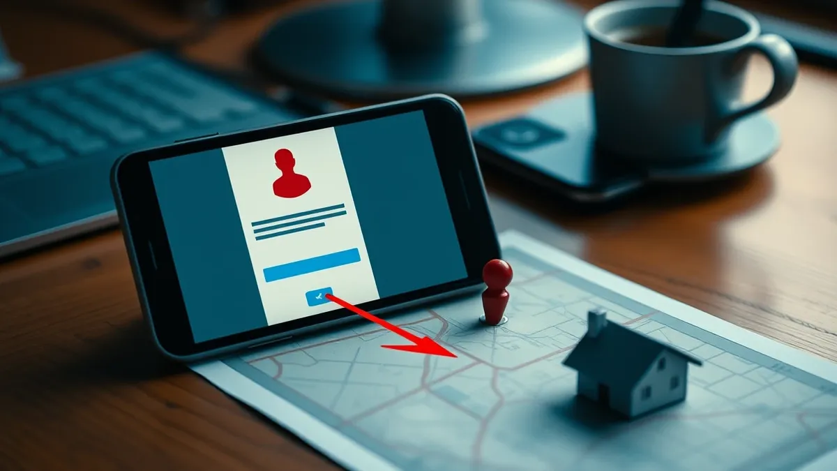 Illustration: A smartphone rests on a wooden desk, its screen displaying a web browser window with a blank profile card.