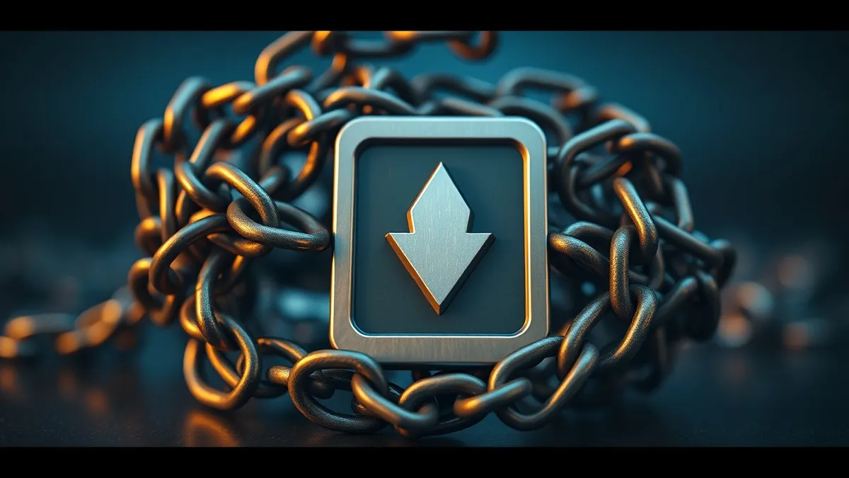 Illustration: A dark, tangled mechanical knot of steel chains tightens around a sleek silver download icon.