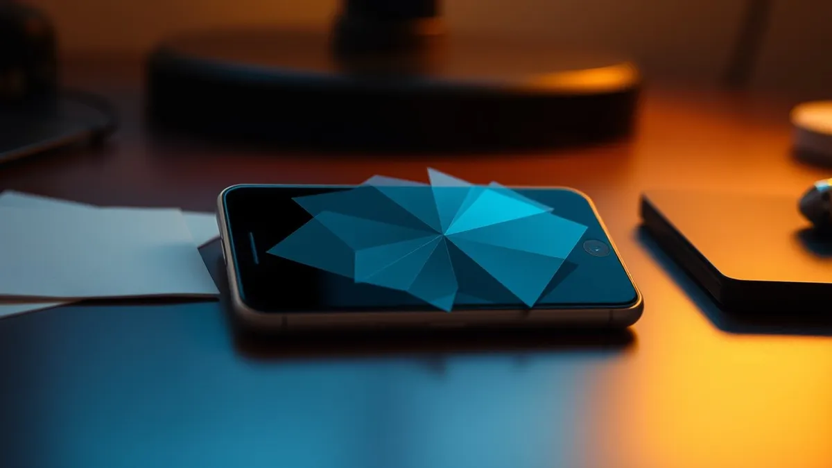 Illustration: A single smartphone sits on a desk, its screen displaying overlapping translucent geometric shapes that clash and fracture.