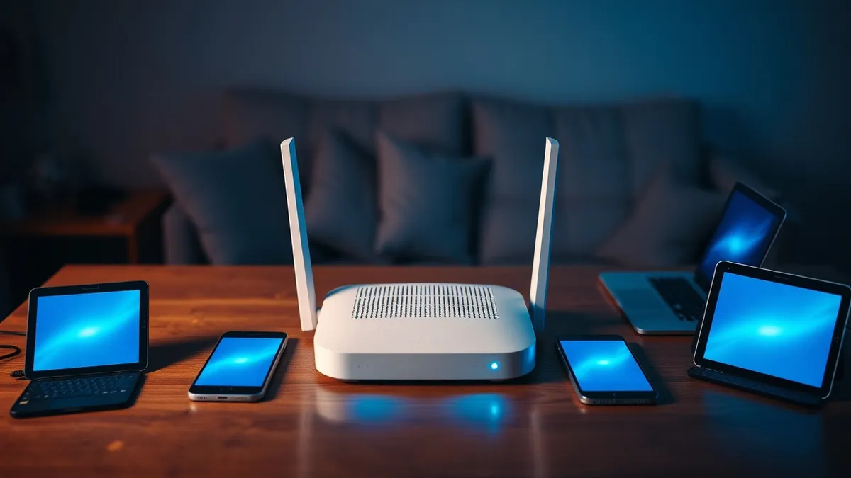 Illustration: A sleek white router sits on a wooden table, surrounded by four distinct smartphones and two laptops.