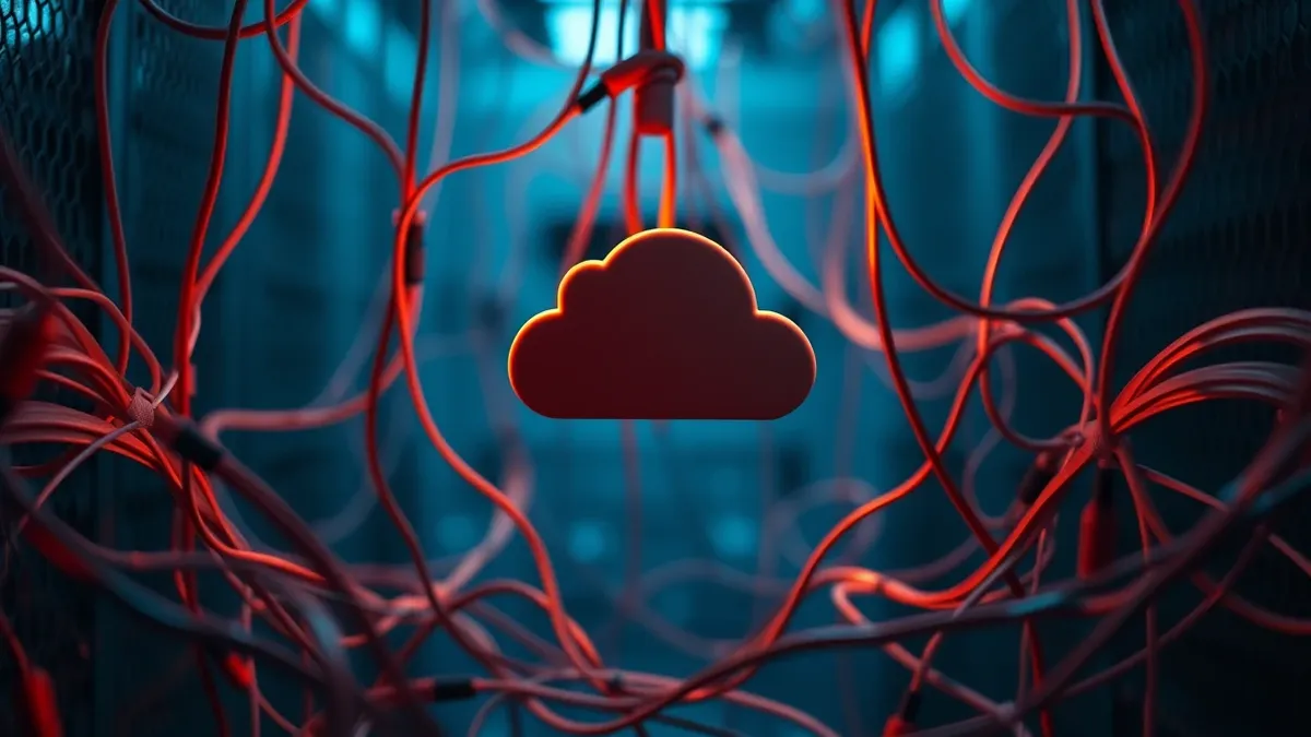 Illustration: A cloud server icon floats amidst tangled, loose configuration cables that hang loosely and create gaping holes in a protective digital mesh, symbolizing how simple s