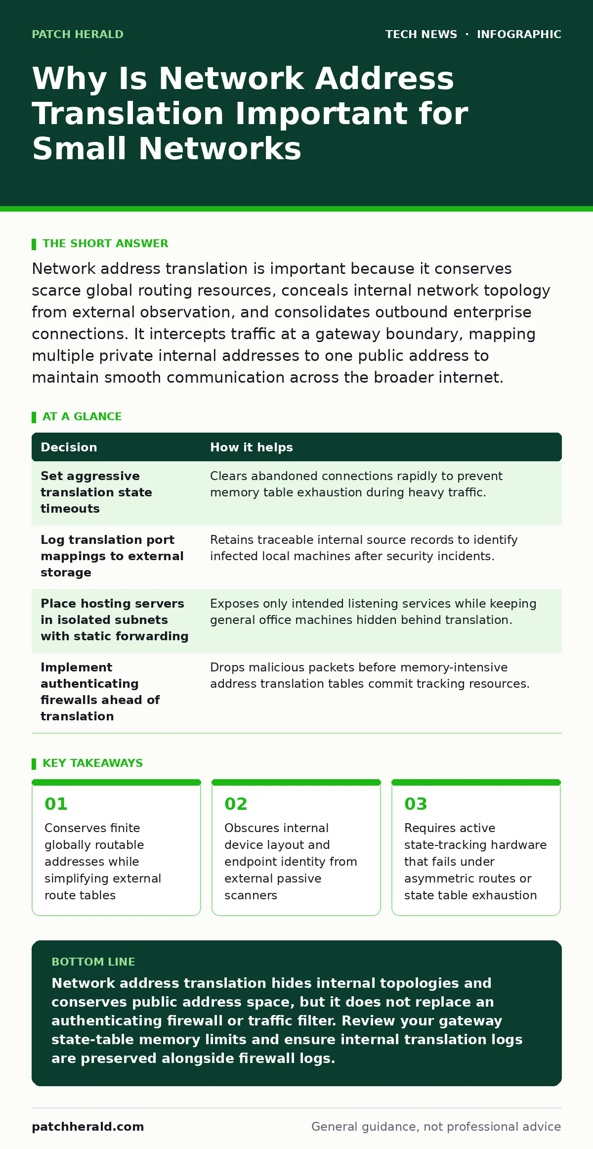 Infographic: Why Is Network Address Translation Important for Small Networks. Conserves finite globally routable addresses while simplifying external route tables Obscures internal device layout and endpoint identity from external passive scanners Requires active state-tracking hardware that fails u