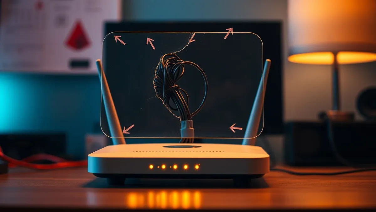 Illustration: A small home router sits on a desk with blinking lights.
