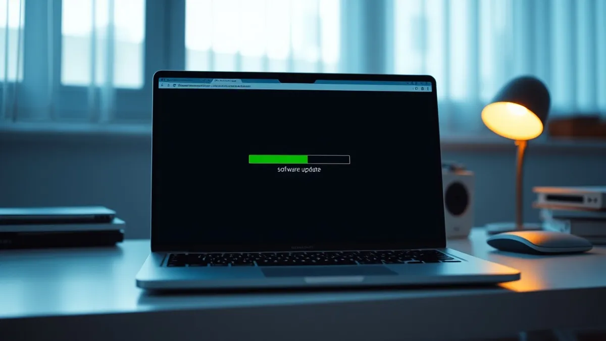 Illustration: A sleek silver laptop sits on a clean white desk, its screen displaying a blank browser window with a prominent green progress bar filling the center to indicate a so