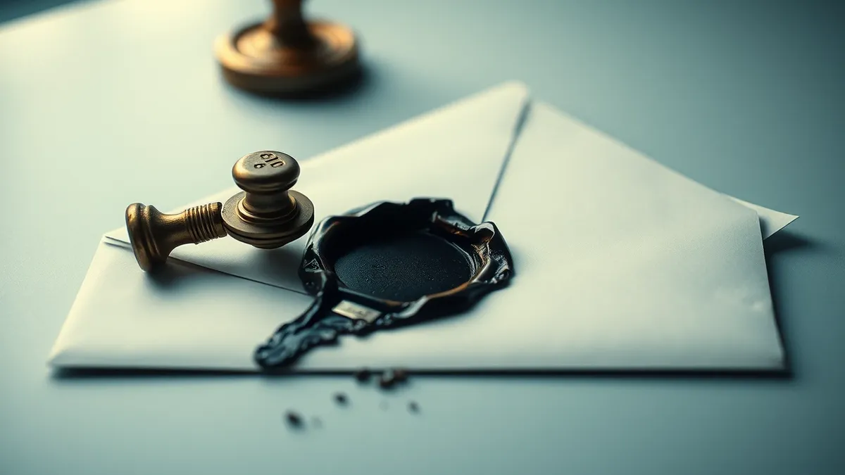 Illustration: A cracked metallic seal rests on a blank digital envelope.
