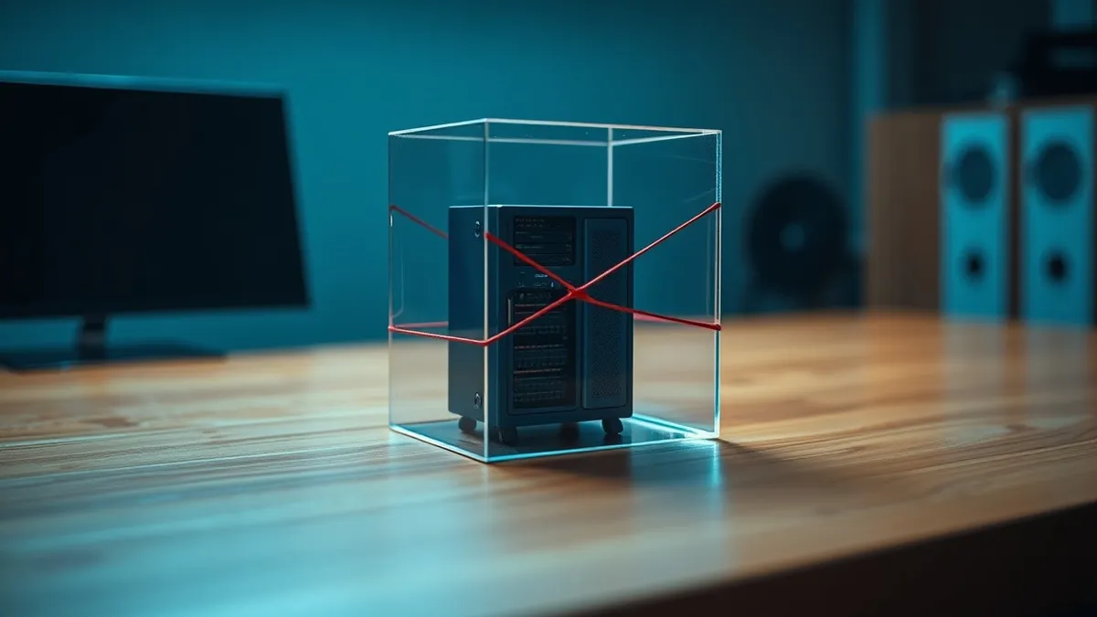 Illustration: A transparent glass cube sits on a clean wooden desk, containing a miniature blue server rack.