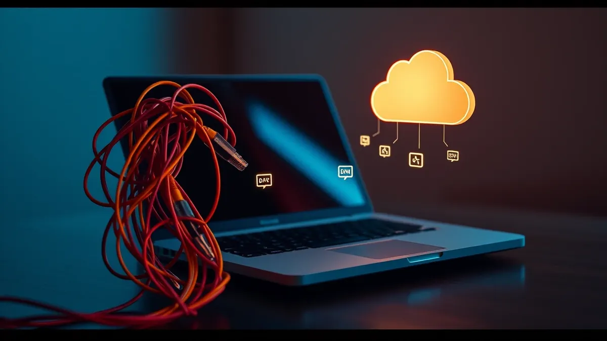 Illustration: A tangled knot of colorful ethernet cables connects a generic laptop to a floating cloud icon.