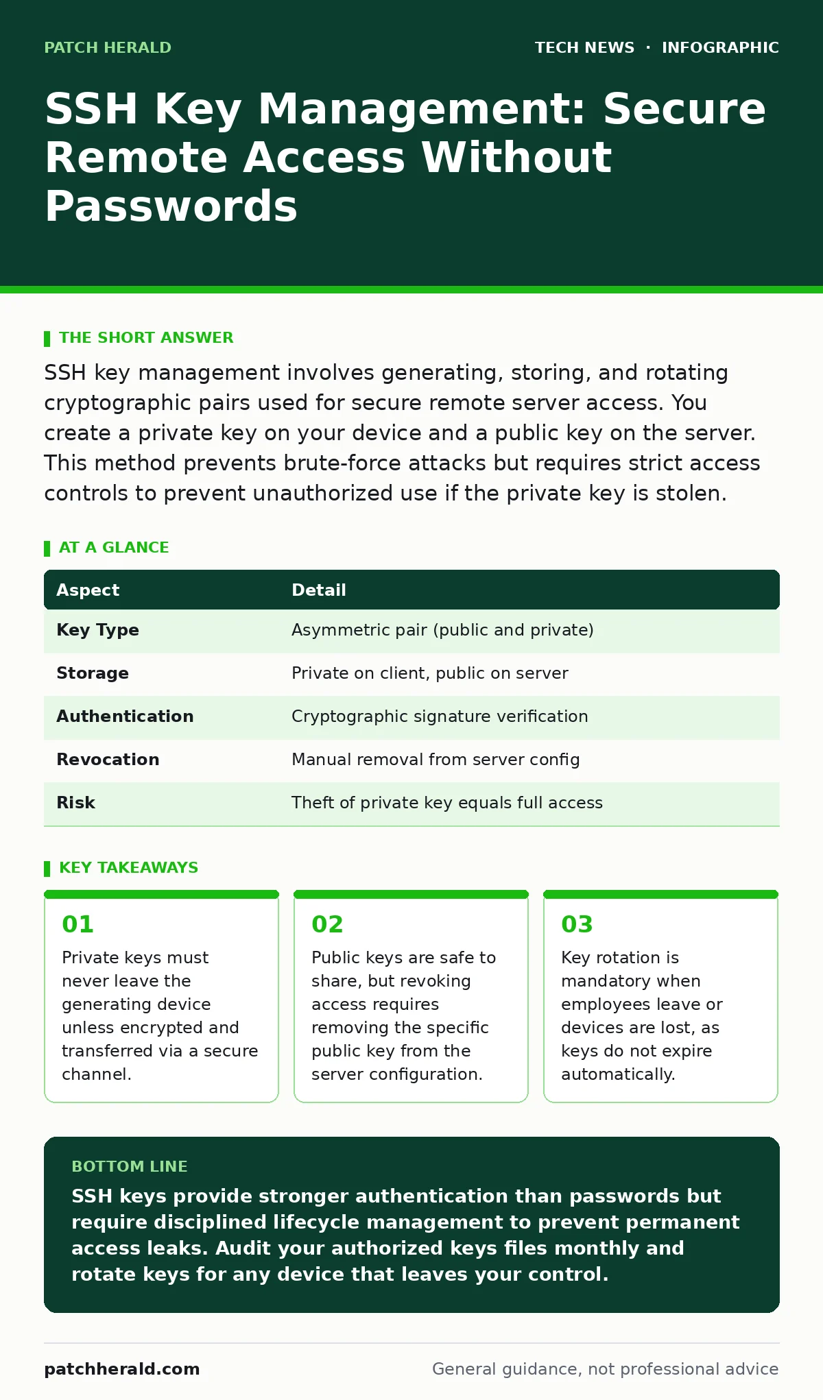 Infographic: SSH Key Management: Secure Remote Access Without Passwords. Private keys must never leave the generating device unless encrypted and transferred via a secure channel. Public keys are safe to share, but revoking access requires removing the specific public key from the server configurati