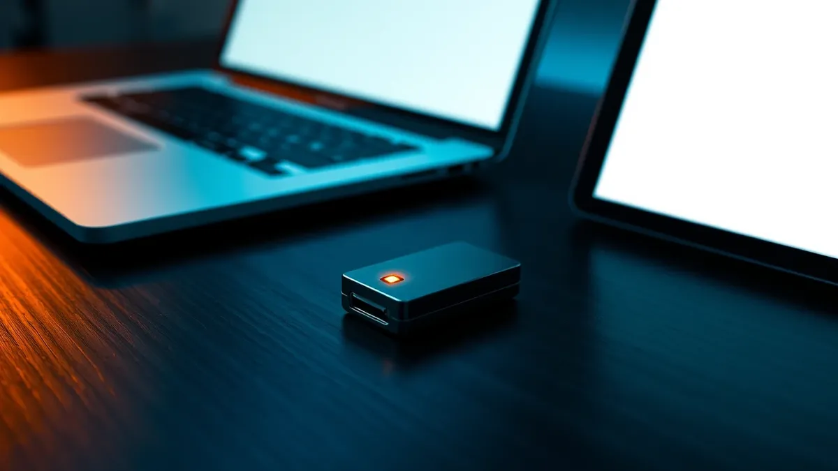 Illustration: A sleek metal security key rests on a dark wooden surface next to a blank laptop.