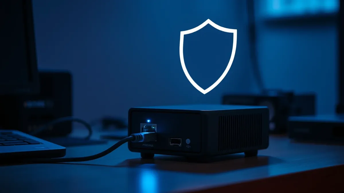 Illustration: A small black network firewall appliance sits on a desk with a single ethernet cable plugged into its rear port.