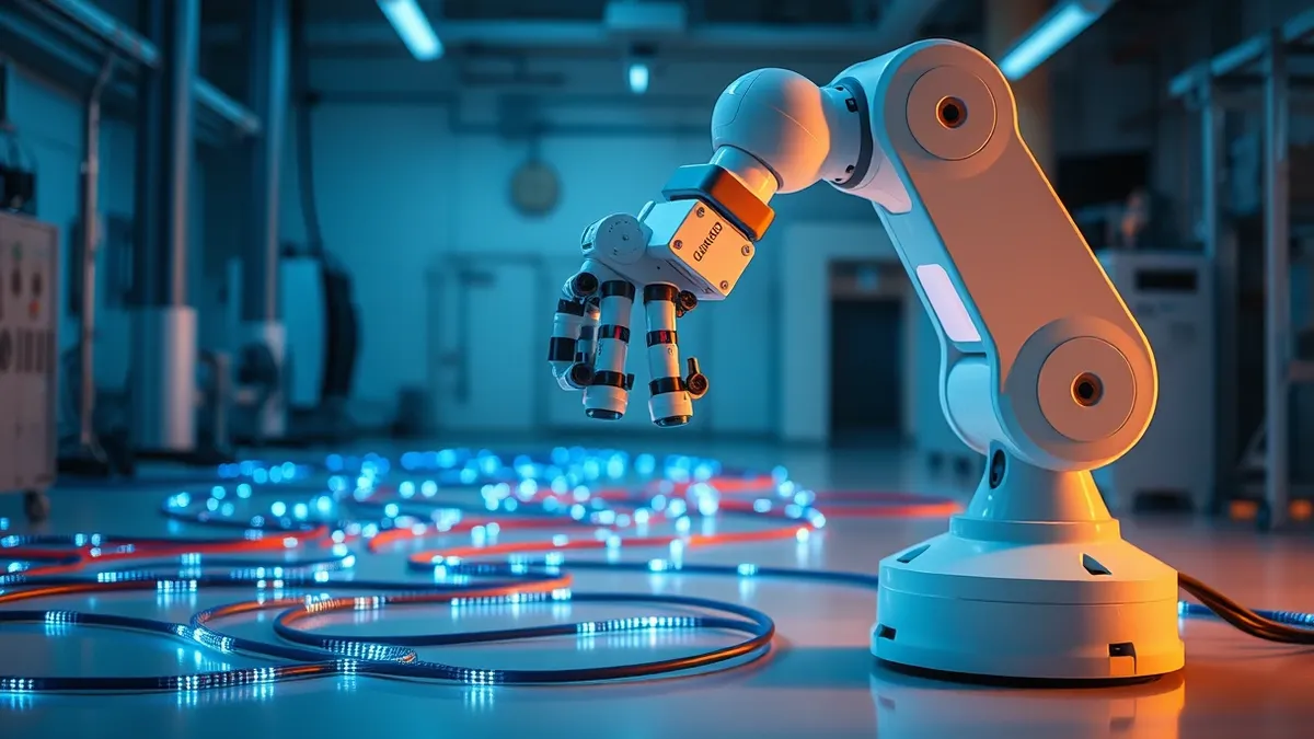 Illustration: A white industrial robotic arm stands idle in a sterile laboratory.