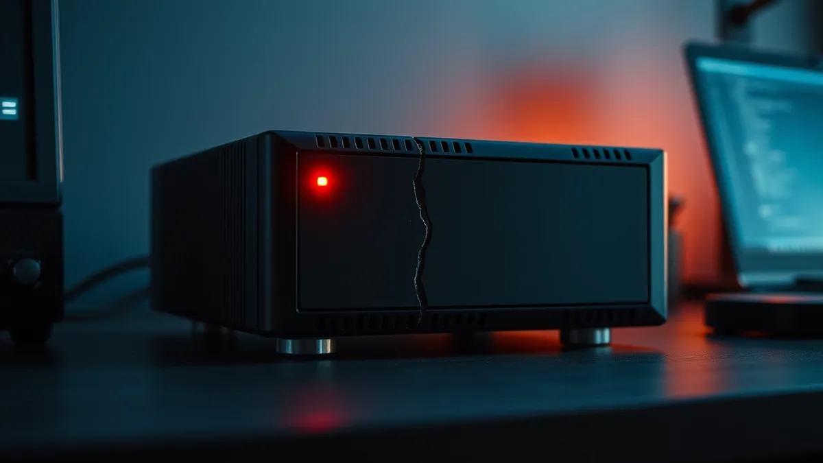 Illustration: A sleek black network gateway sits on a dark desk.