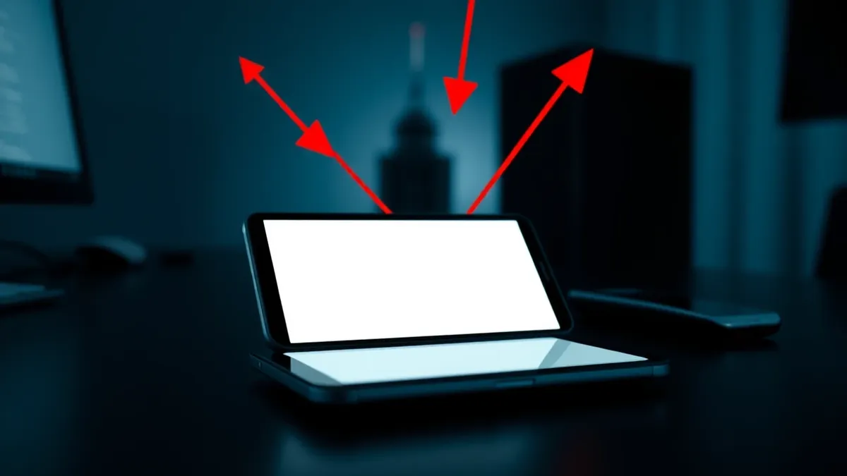 Illustration: A sleek smartphone rests on a dark desk, displaying a blank browser window.