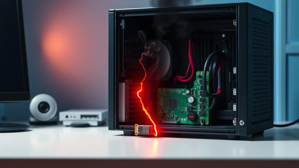 Illustration: A sleek server chassis sits open on a clean white desk, revealing a bright green circuit board.