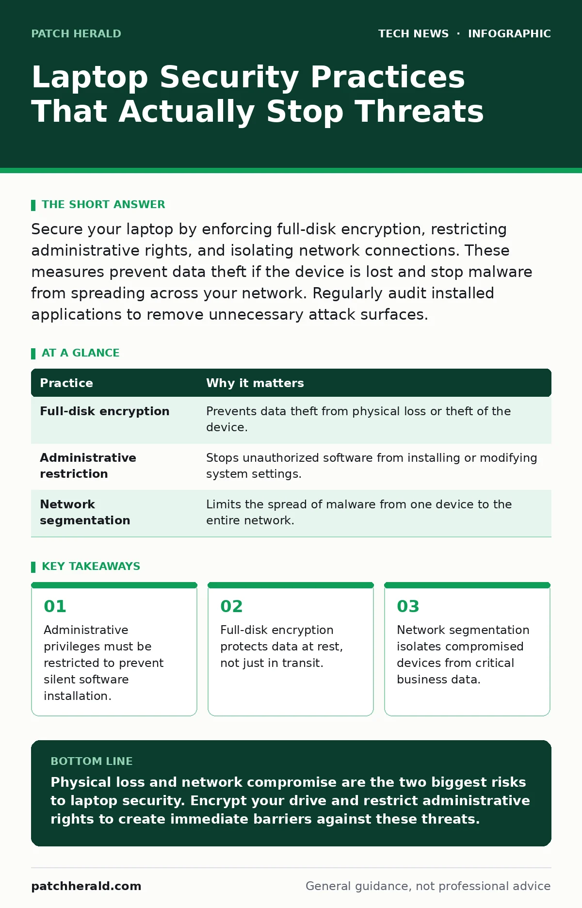 Infographic: Laptop Security Practices That Actually Stop Threats. Administrative privileges must be restricted to prevent silent software installation. Full-disk encryption protects data at rest, not just in transit. Network segmentation isolates compromised devices from critical business data.