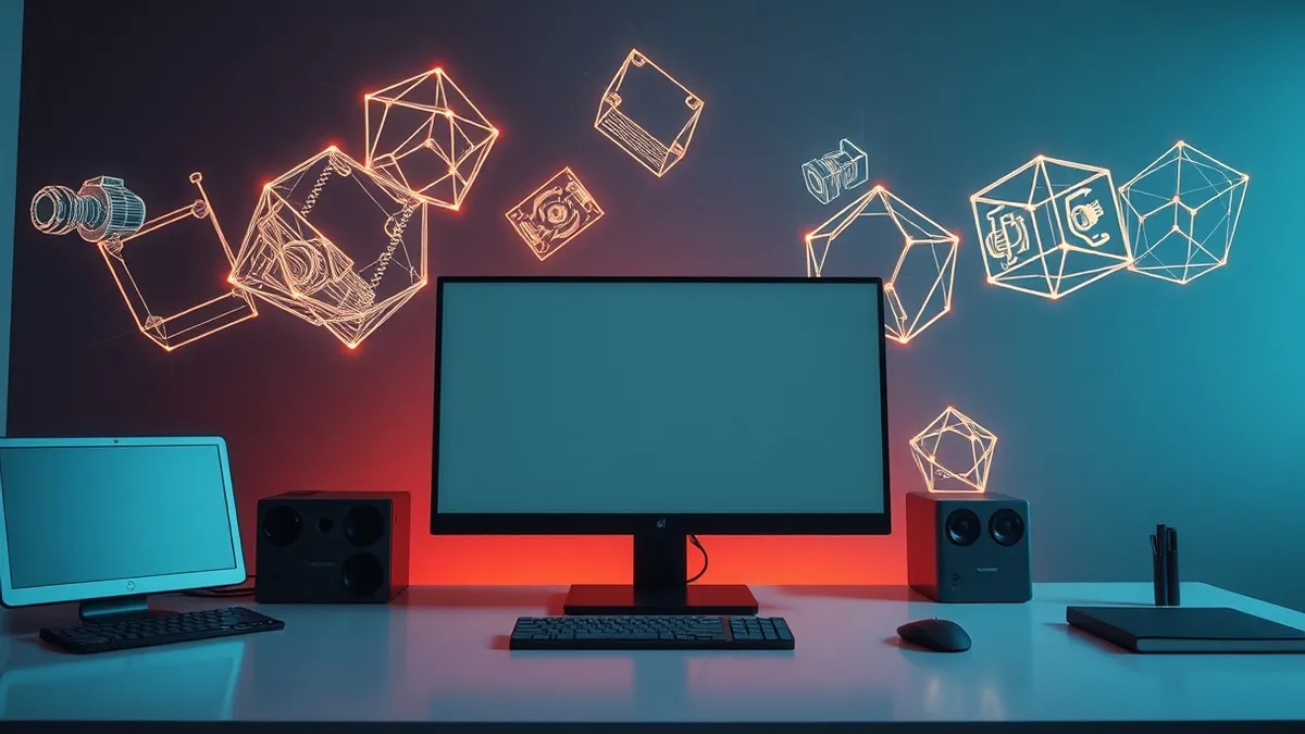 Illustration: A sleek 3D modeling station sits on a desk, surrounded by floating digital wireframes of mechanical parts.